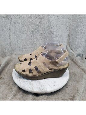 Skechers Shoes Womens Size 8.5 Tan Suede Wedge Slingback Peep Toe Sandals